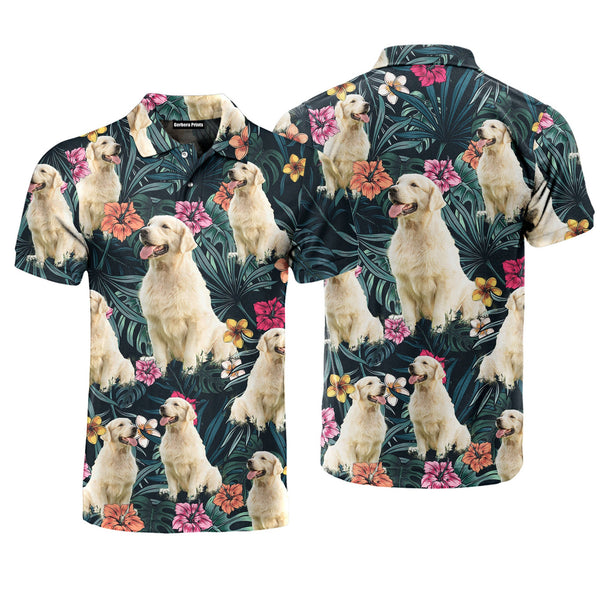 Big Golden Retriever Exotic Tropical Floral Polo Shirt For Men