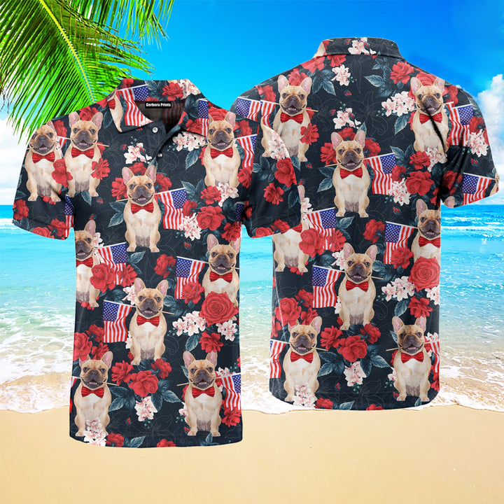 French Bulldog Holding Flag USA On Red Rose Tropical Polo Shirt For Men