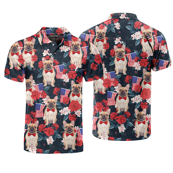 French Bulldog Holding Flag USA On Red Rose Tropical Polo Shirt For Men