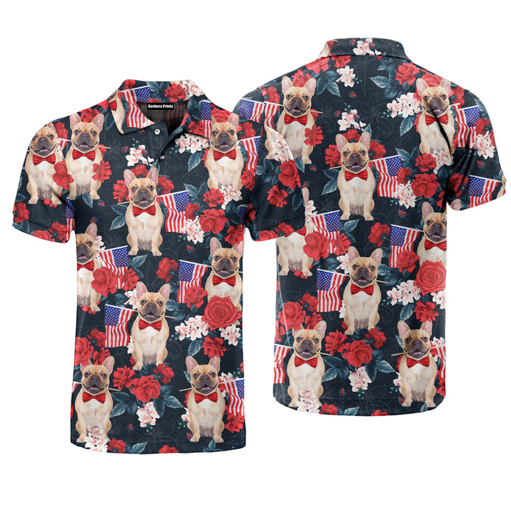 French Bulldog Holding Flag USA On Red Rose Tropical Polo Shirt For Men