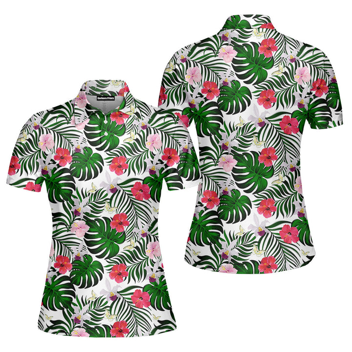 Green Palm Leaves And Hibiscus Flower Polo Shirt For Women