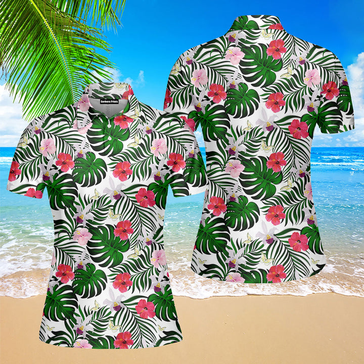 Green Palm Leaves And Hibiscus Flower Polo Shirt For Women