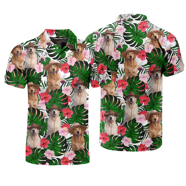 Golden Retriever Dogs Sitting Palm Leaves Polo Shirt For Men