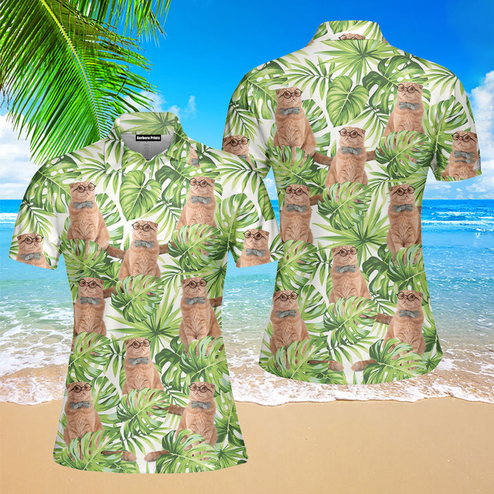 Funny Cat In Bow Tie Tropical Floral Polo Shirt For Women