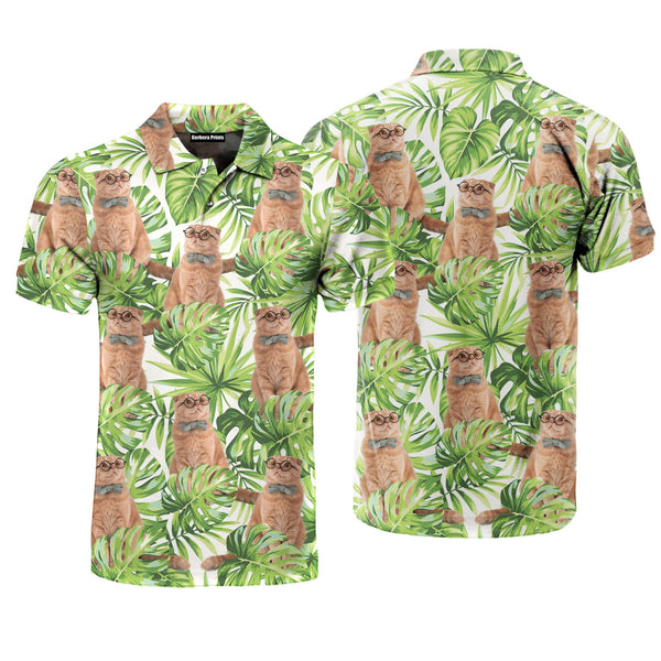 Funny Cat In Bow Tie Tropical Floral Polo Shirt For Men