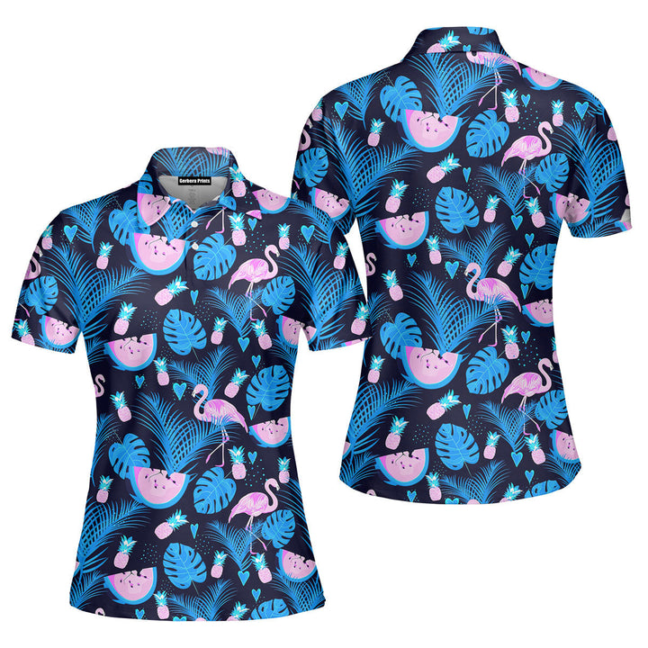 Flamingo Neon Party Tropical Polo Shirt For Women