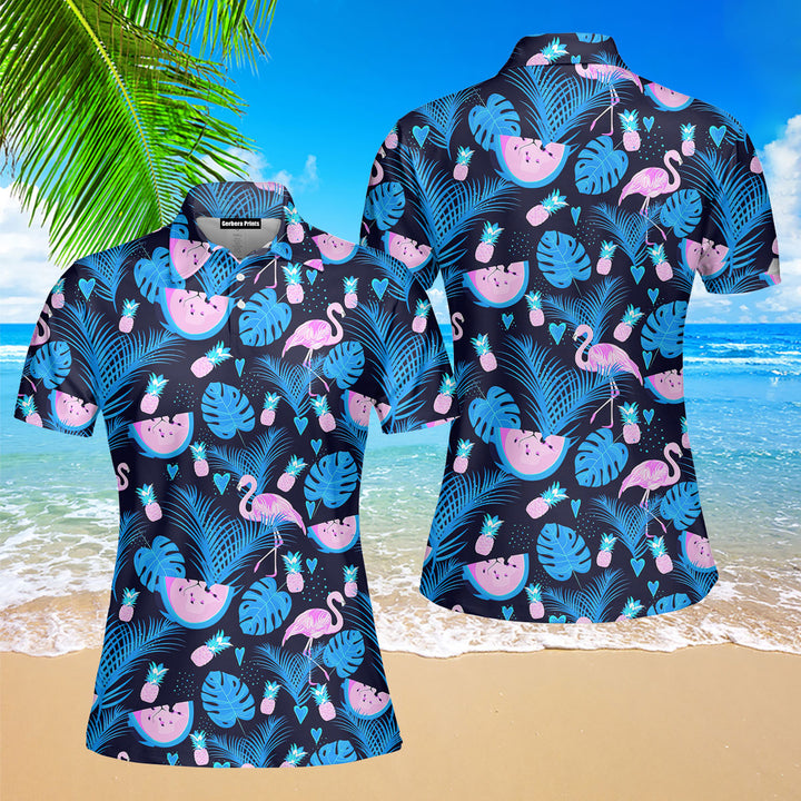 Flamingo Neon Party Tropical Polo Shirt For Women