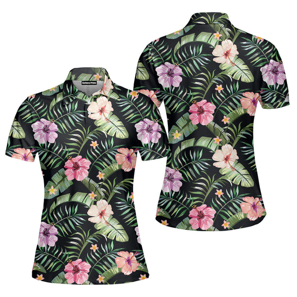 Tropical Flowers On Green Polo Shirt For Women