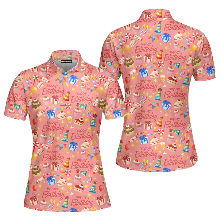 Pink Happy Birthday Gift Polo Shirt For Women