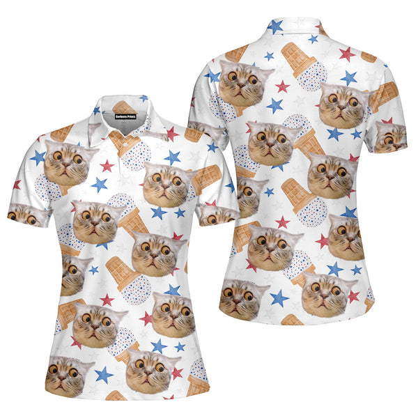 Surprised Cat Thinking About Ice Cream Polo Shirt For Women