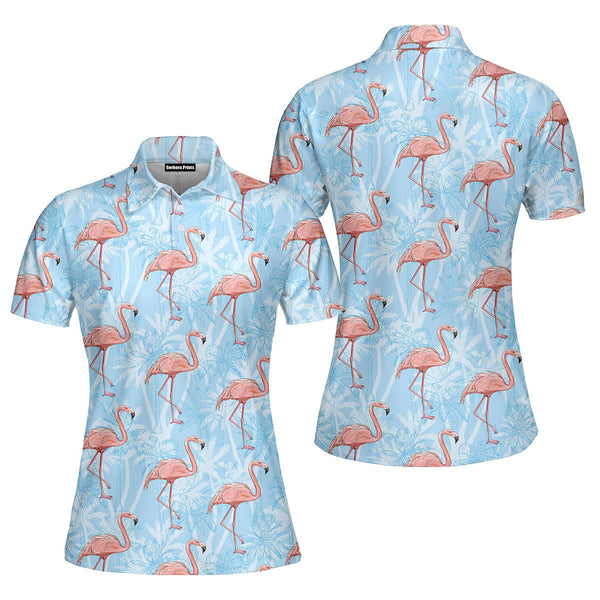 Flamingo On Blue Tropical Polo Shirt For Women