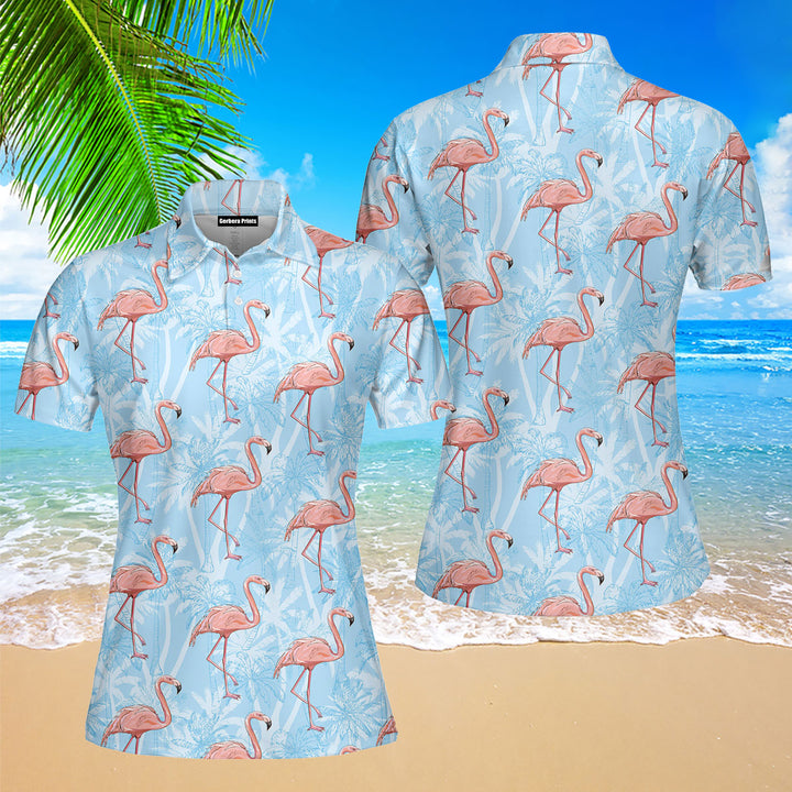 Flamingo On Blue Tropical Polo Shirt For Women