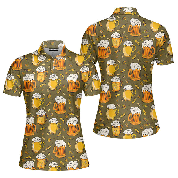 Beer Mugs Pattern On Green Polo Shirt For Women