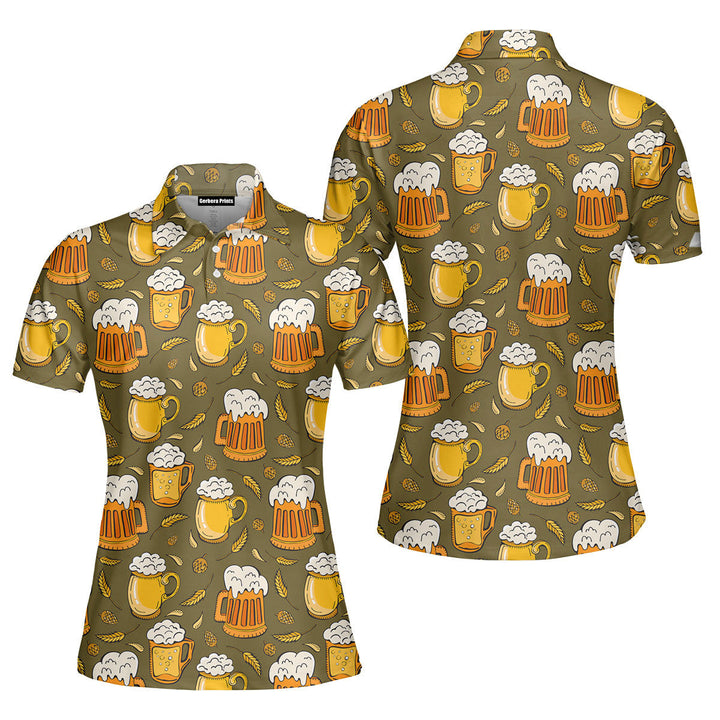 Beer Mugs Pattern On Green Polo Shirt For Women