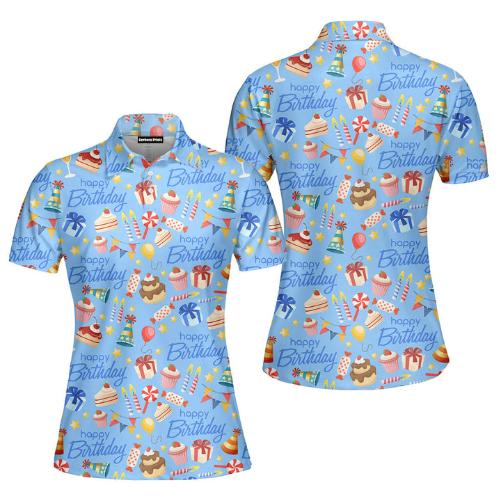 Happy Birthday Cake Pattern Polo Shirt For Women