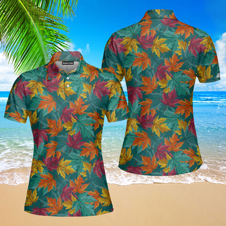 Autumn Maple Leaves Teal Polo Shirt For Women