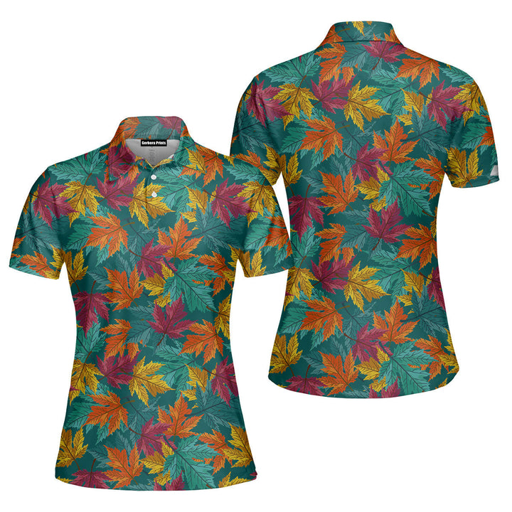 Autumn Maple Leaves Teal Polo Shirt For Women