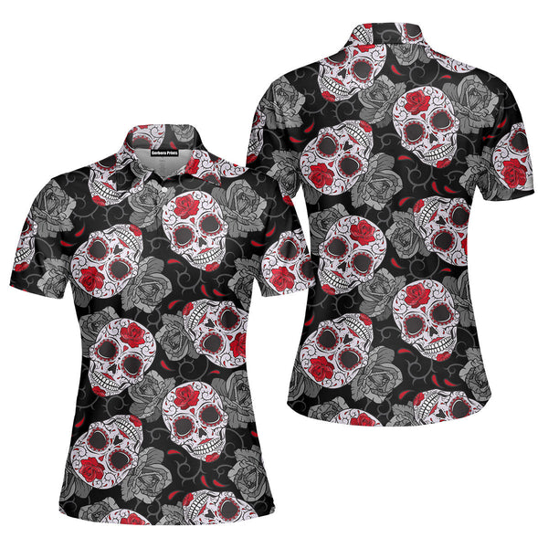 Gothic Sugar Skull Roses Halloween Polo Shirt For Women