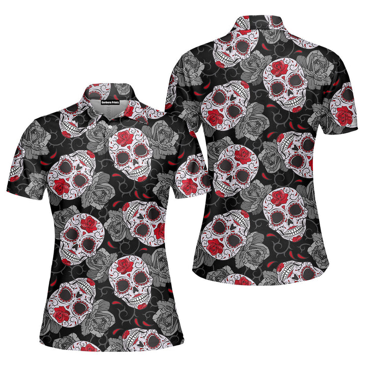 Gothic Sugar Skull Roses Halloween Polo Shirt For Women