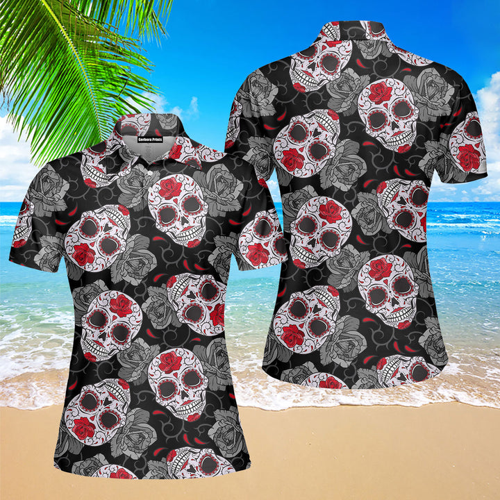 Gothic Sugar Skull Roses Halloween Polo Shirt For Women