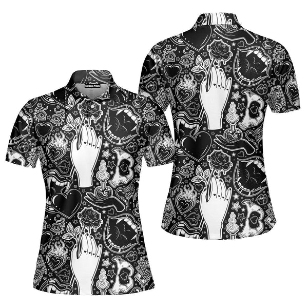 Black And White Old School Tattoo Polo Shirt For Women