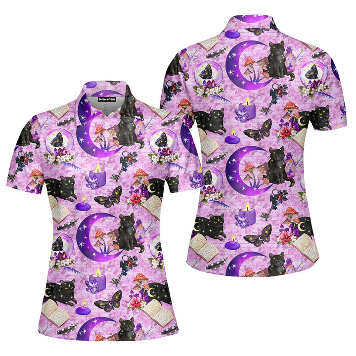 Black Cat Purple Halloween Polo Shirt For Women