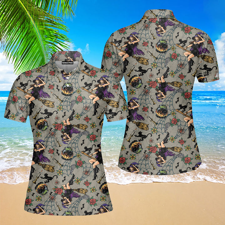 Vintage Witch Halloween Polo Shirt For Women