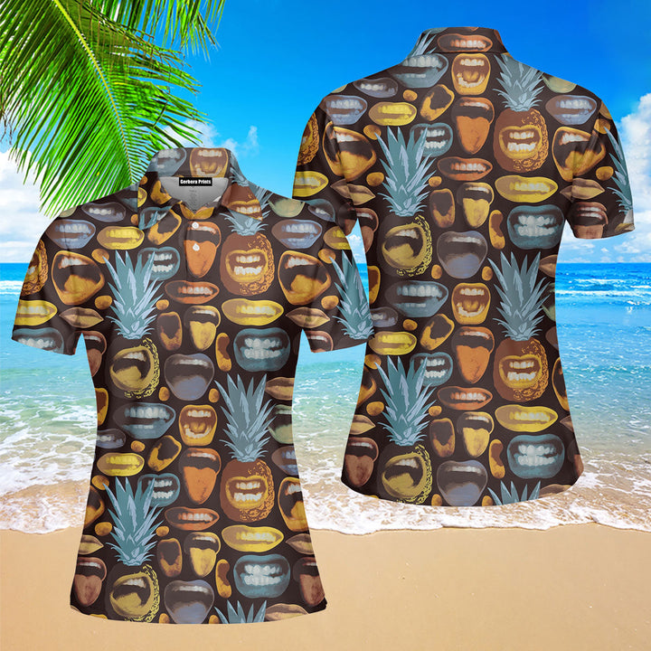 Grimasing Pineapples And Funny Human Mouths Polo Shirt For Women