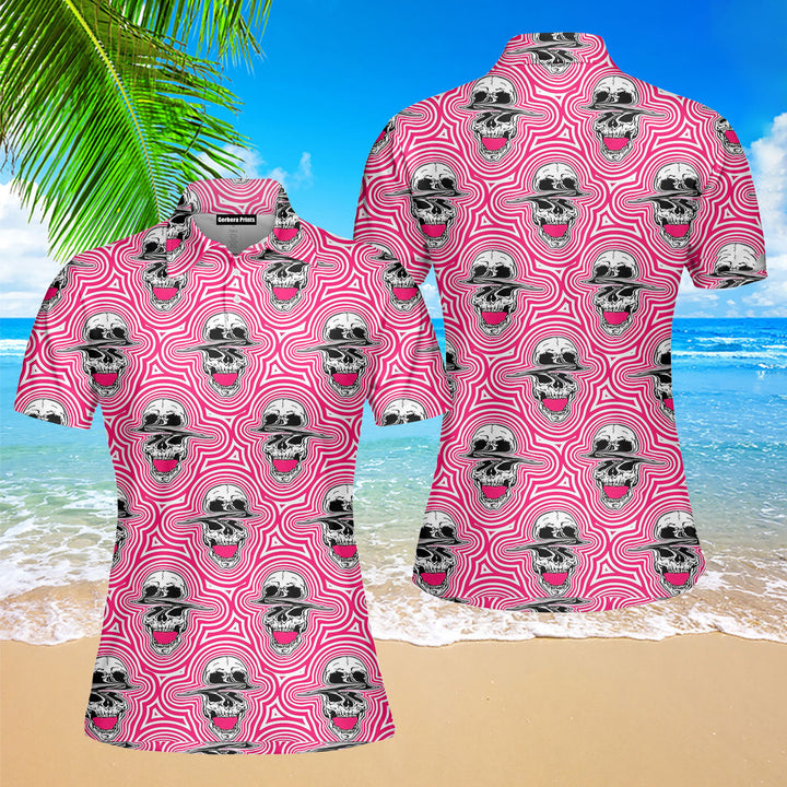 Trippy Screaming Glitched Skulls Polo Shirt For Women