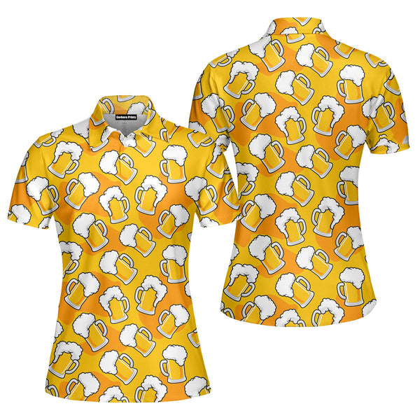 Draft Beer Mugs Foam On Yellow Polo Shirt For Women