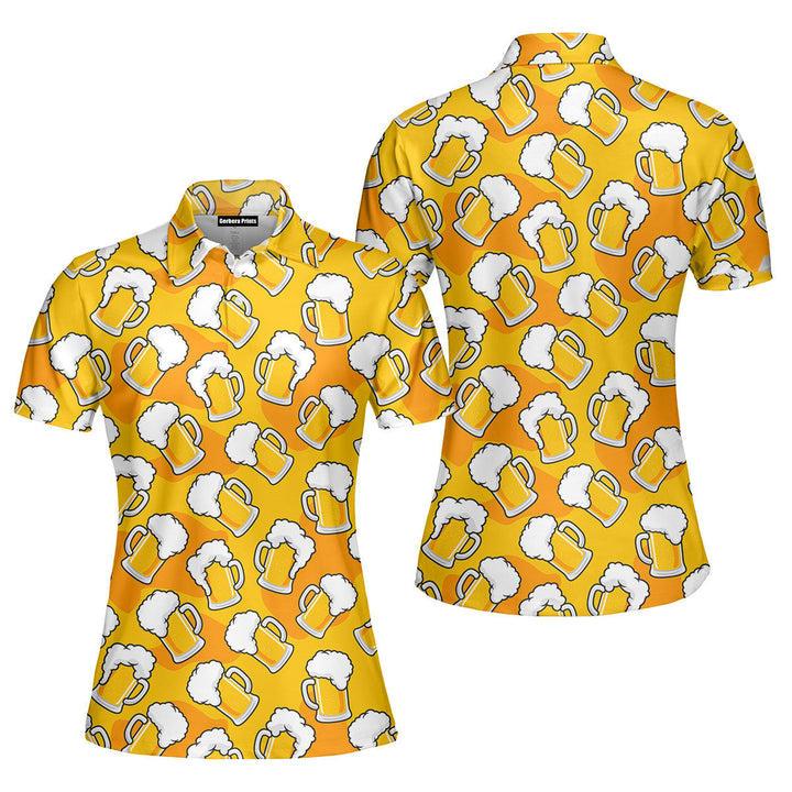 Draft Beer Mugs Foam On Yellow Polo Shirt For Women