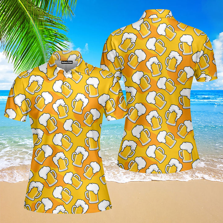 Draft Beer Mugs Foam On Yellow Polo Shirt For Women
