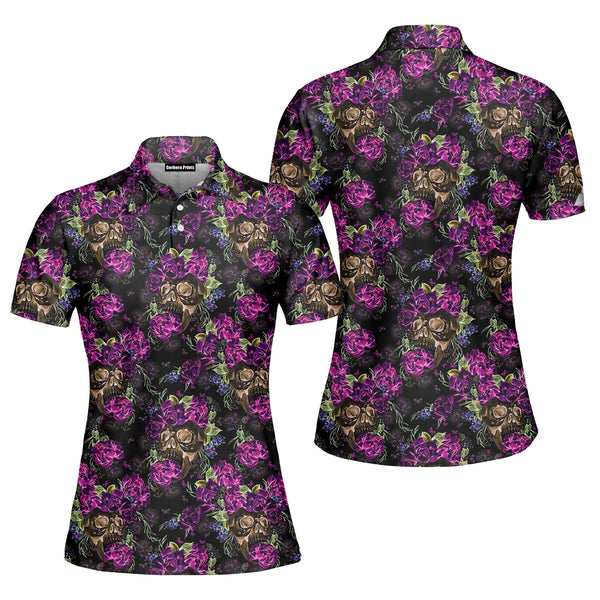 Purple Night Skull Flowers Polo Shirt For Women