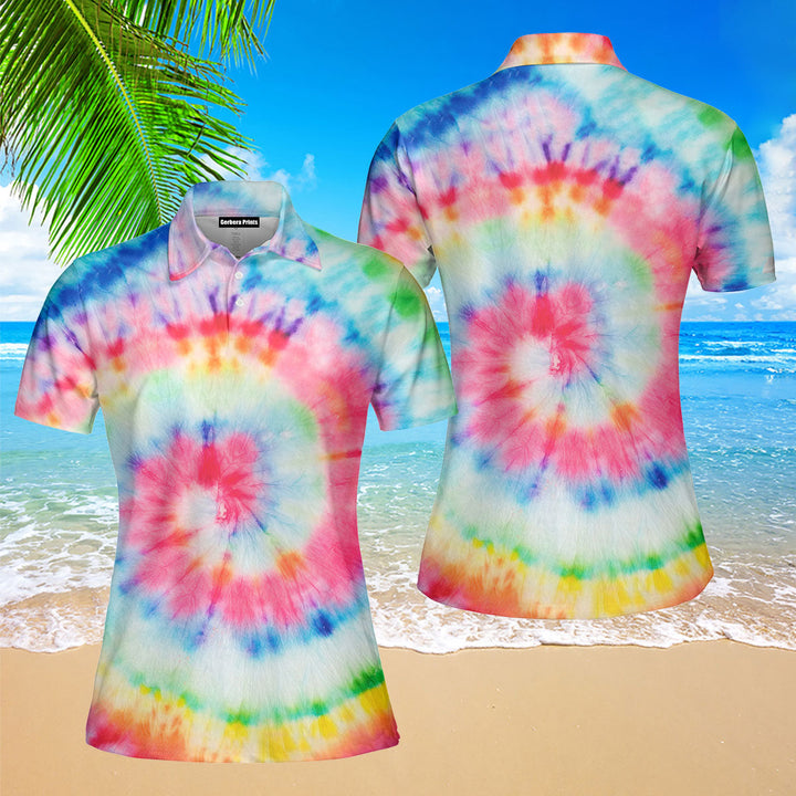 Vibrant Spiral Tie Dye Hippie Polo Shirt For Women