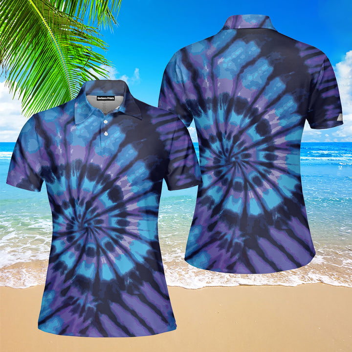 Blue Tie Dye Style Polo Shirt For Women