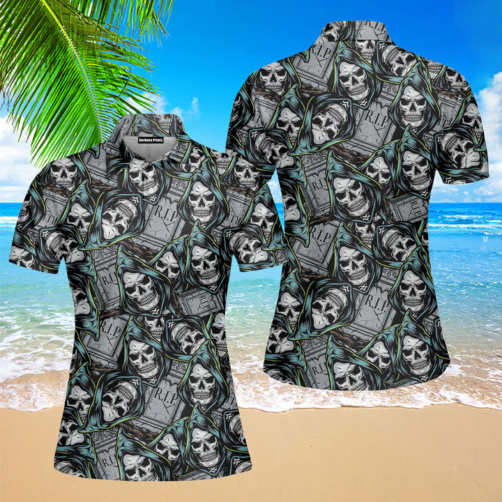 Halloween Vintage Grim Skull Polo Shirt For Women