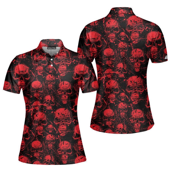 Red Horor Skull Looking For Halloween Polo Shirt For Women