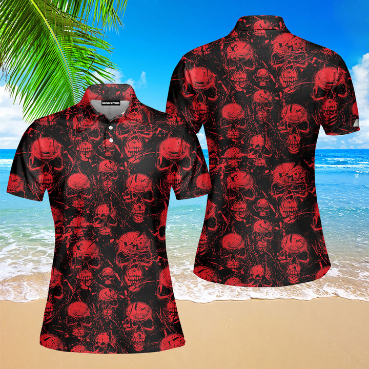 Red Horor Skull Looking For Halloween Polo Shirt For Women