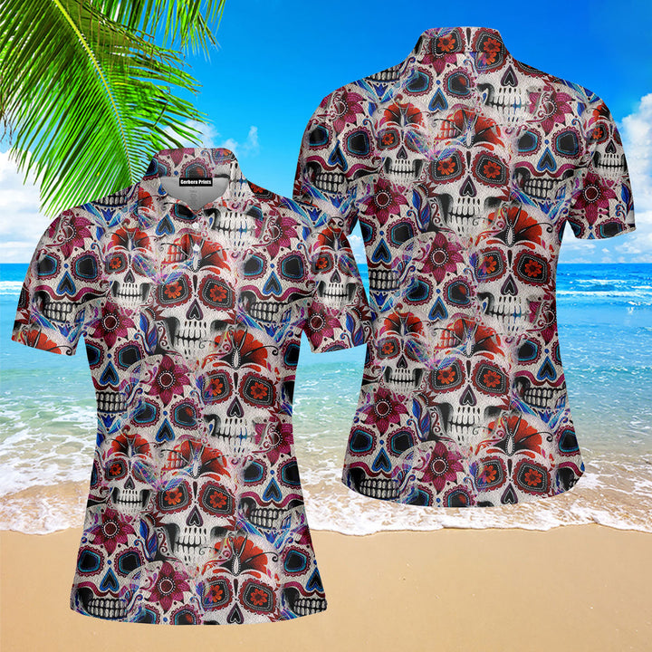 Sugar Skull Dia De Los Muertos Polo Shirt For Women