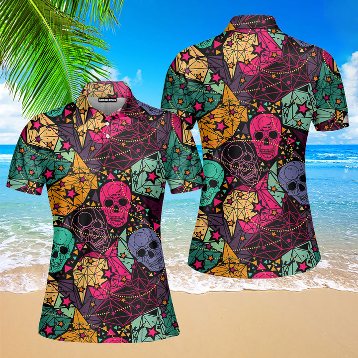 Skull Floral Geometric Style Polo Shirt For Women