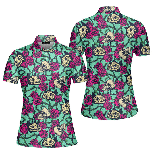 Vintage Skull Cat Rose Polo Shirt For Women