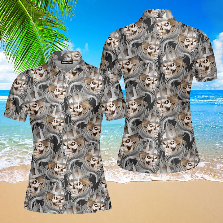 Fearful Skull Wearing Silver Crown Polo Shirt For Women