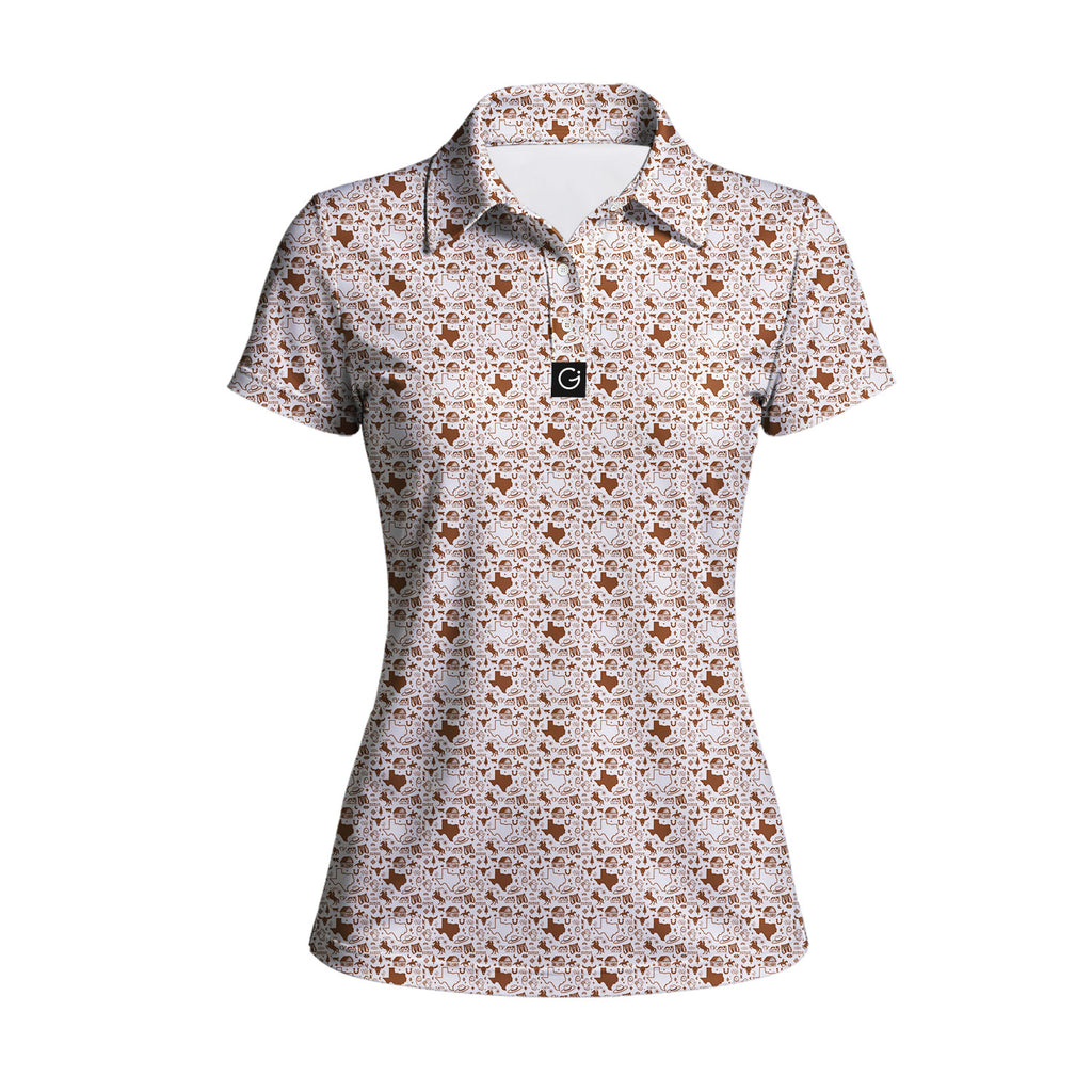 Lone Spur women's golf polo in Brown, front flat lay