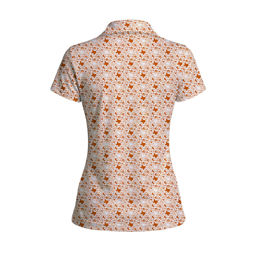 Lone Spur women's golf polo in Orange, back flat lay