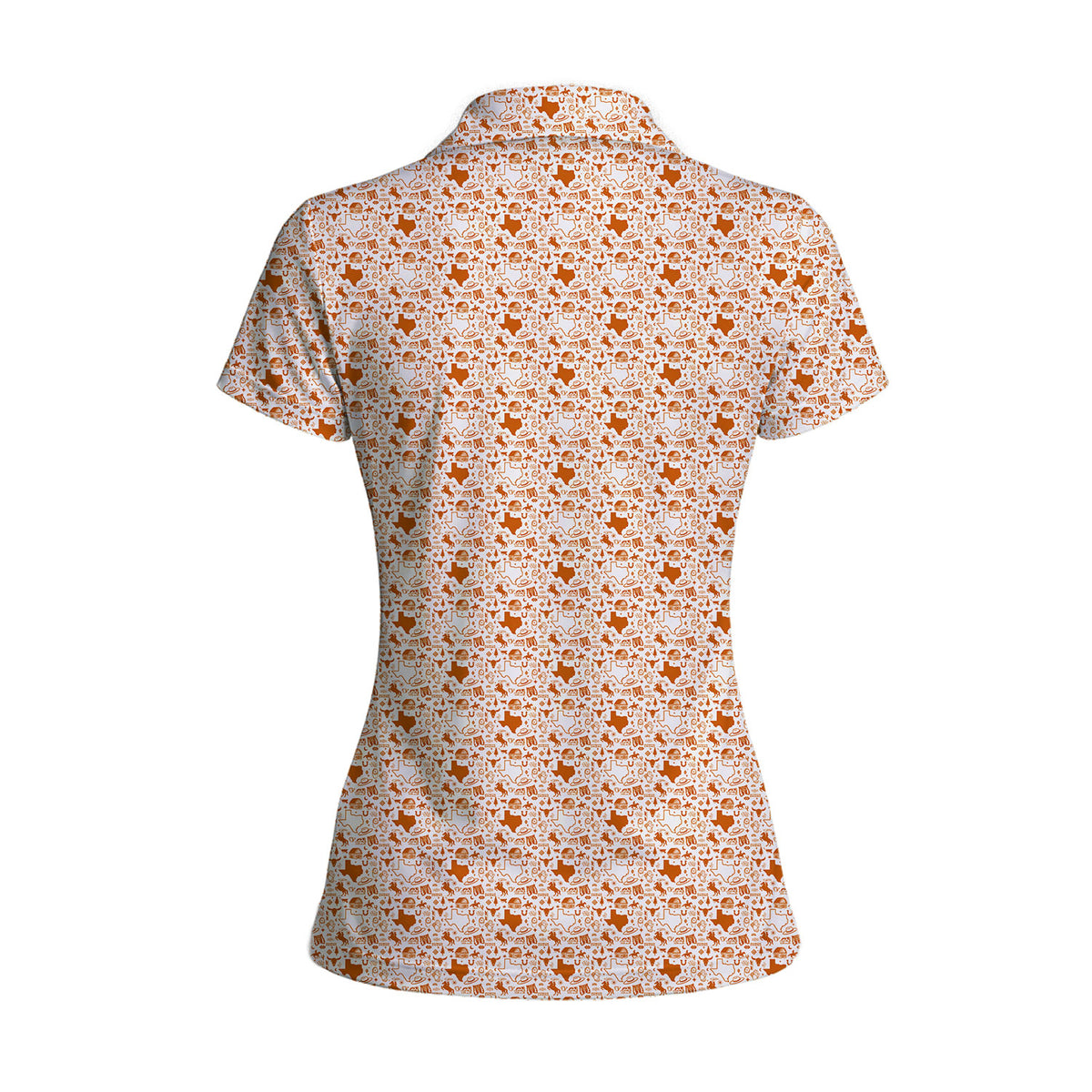 Lone Spur women's golf polo in Orange, back flat lay