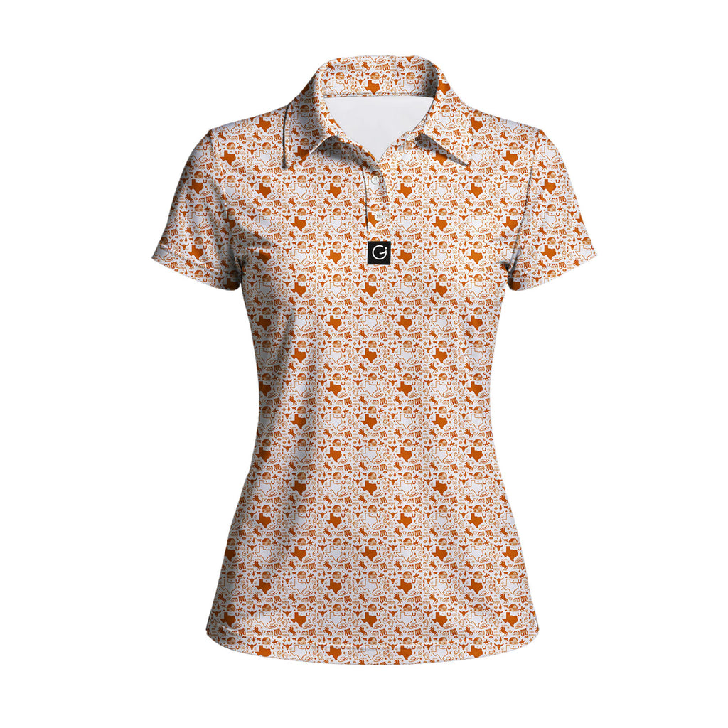 Lone Spur women's golf polo in Orange, front flat lay