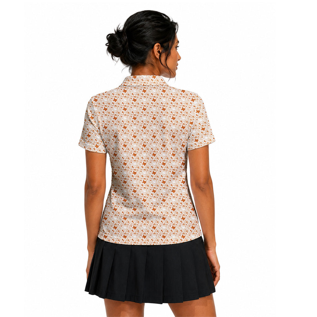 Lone Spur golf shirt for women in Orange on a golfer, back view