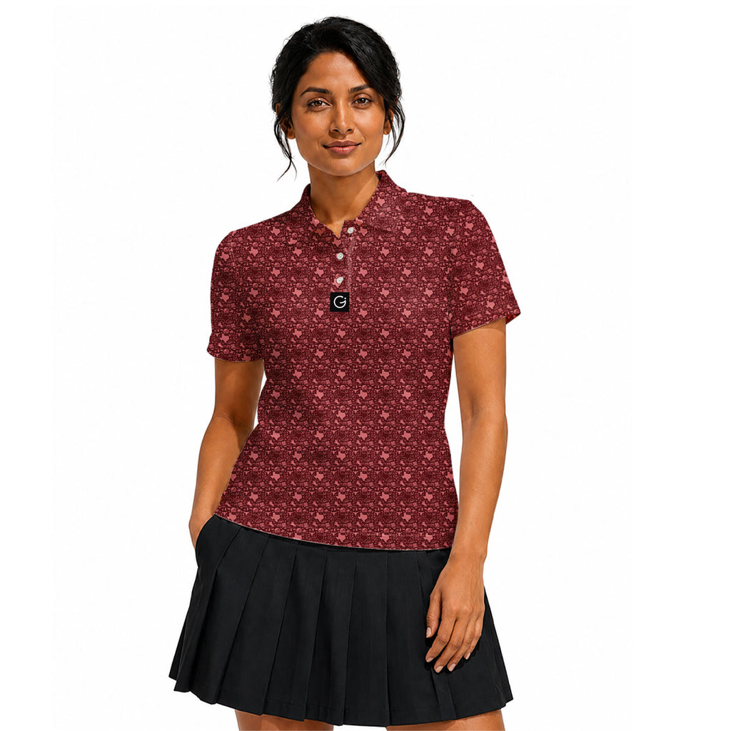 Lone Spur golf shirt for women in Red on a golfer, front view