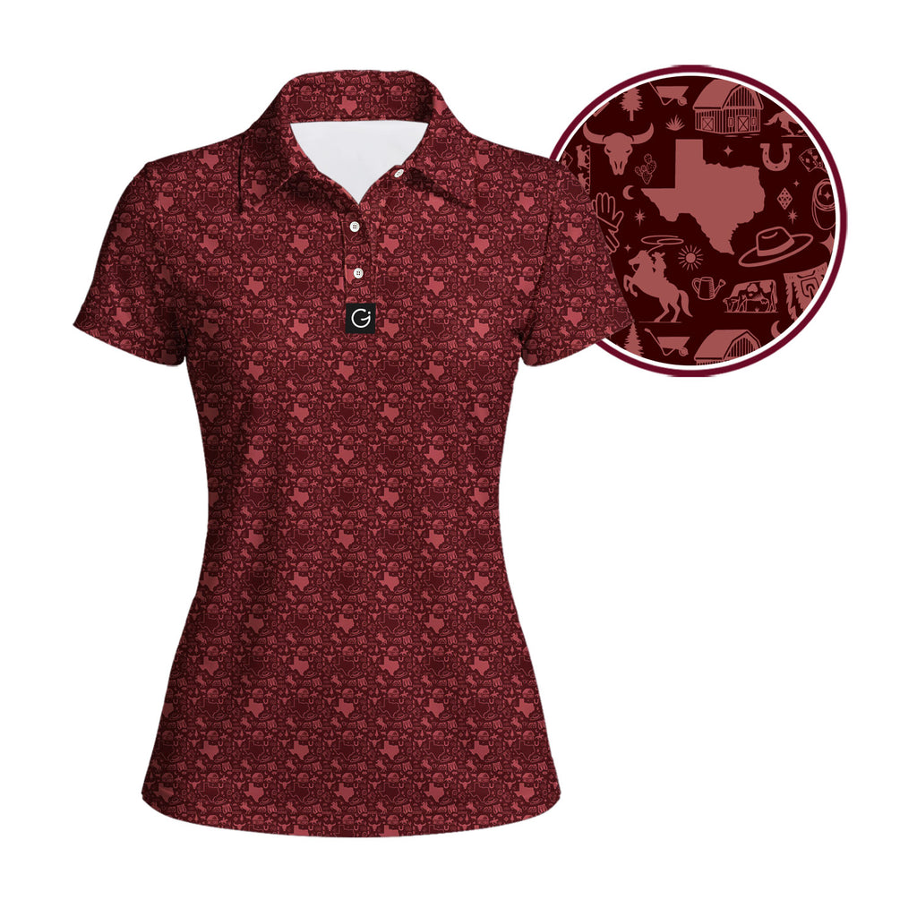 Lone Spur women's golf polo in Red, close-up of the Texas western print
