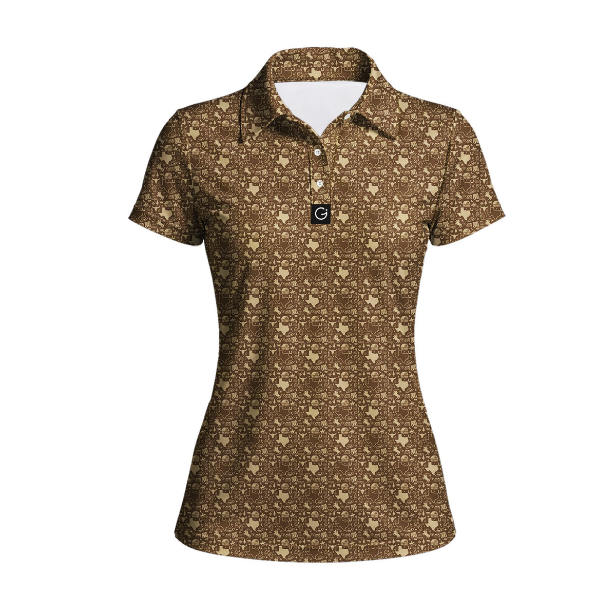 Lone Spur women's golf polo in Tan, front flat lay